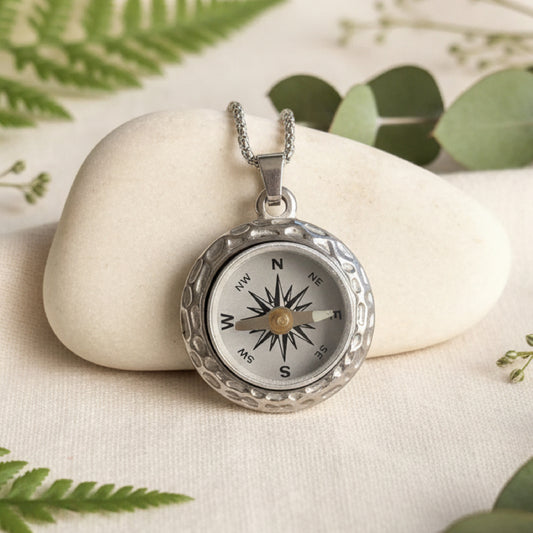 Silver Working Compass Necklace with Hammered Setting
