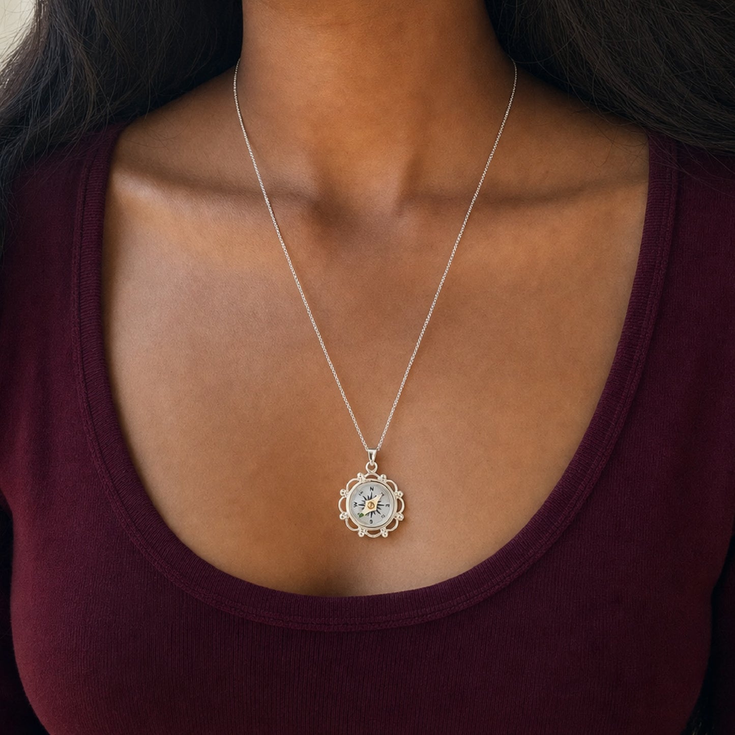Silver Filigree Working Compass Necklace