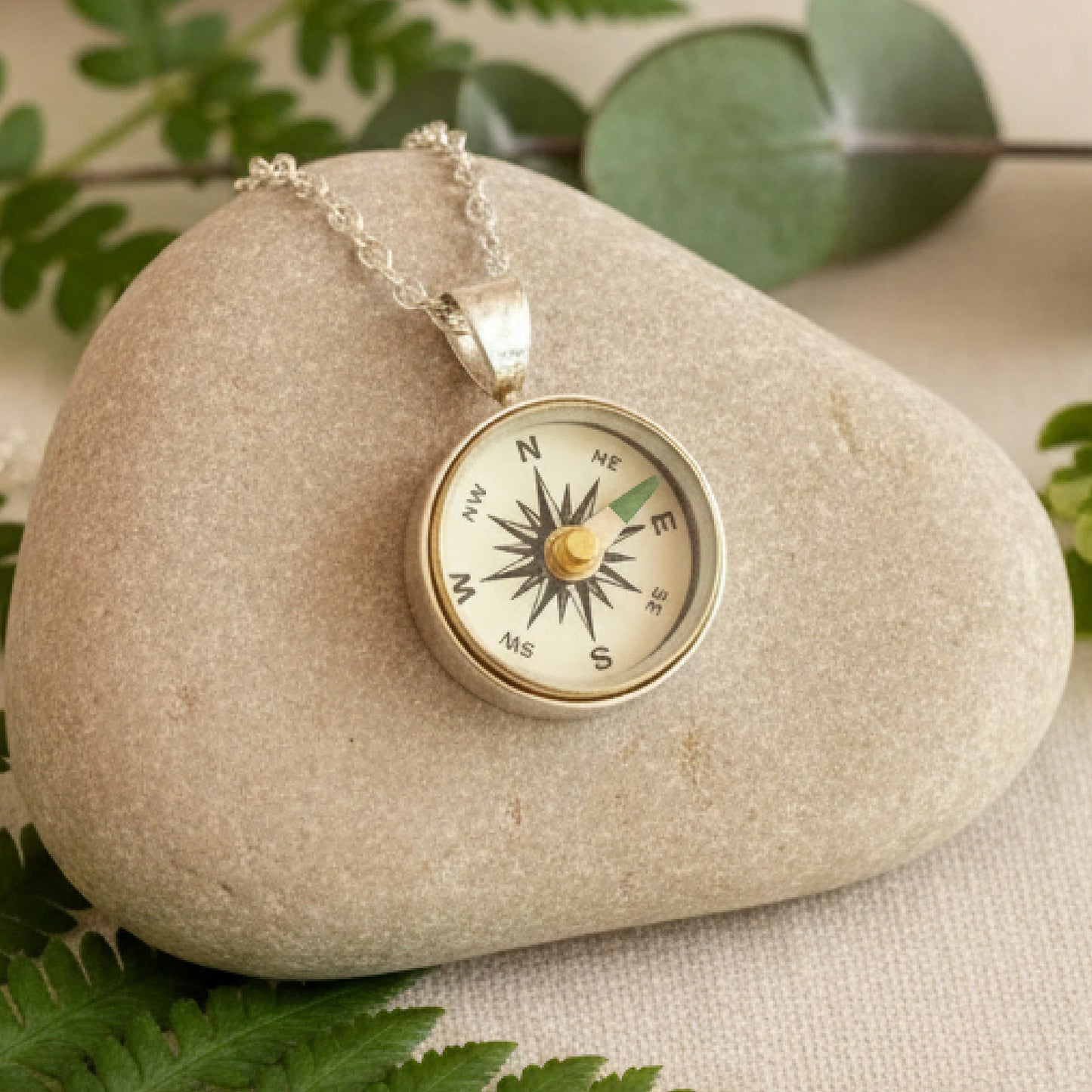 Small Silver Working Compass Necklace, ivory face