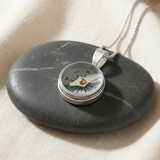 Small Working Compass Necklace, silver face