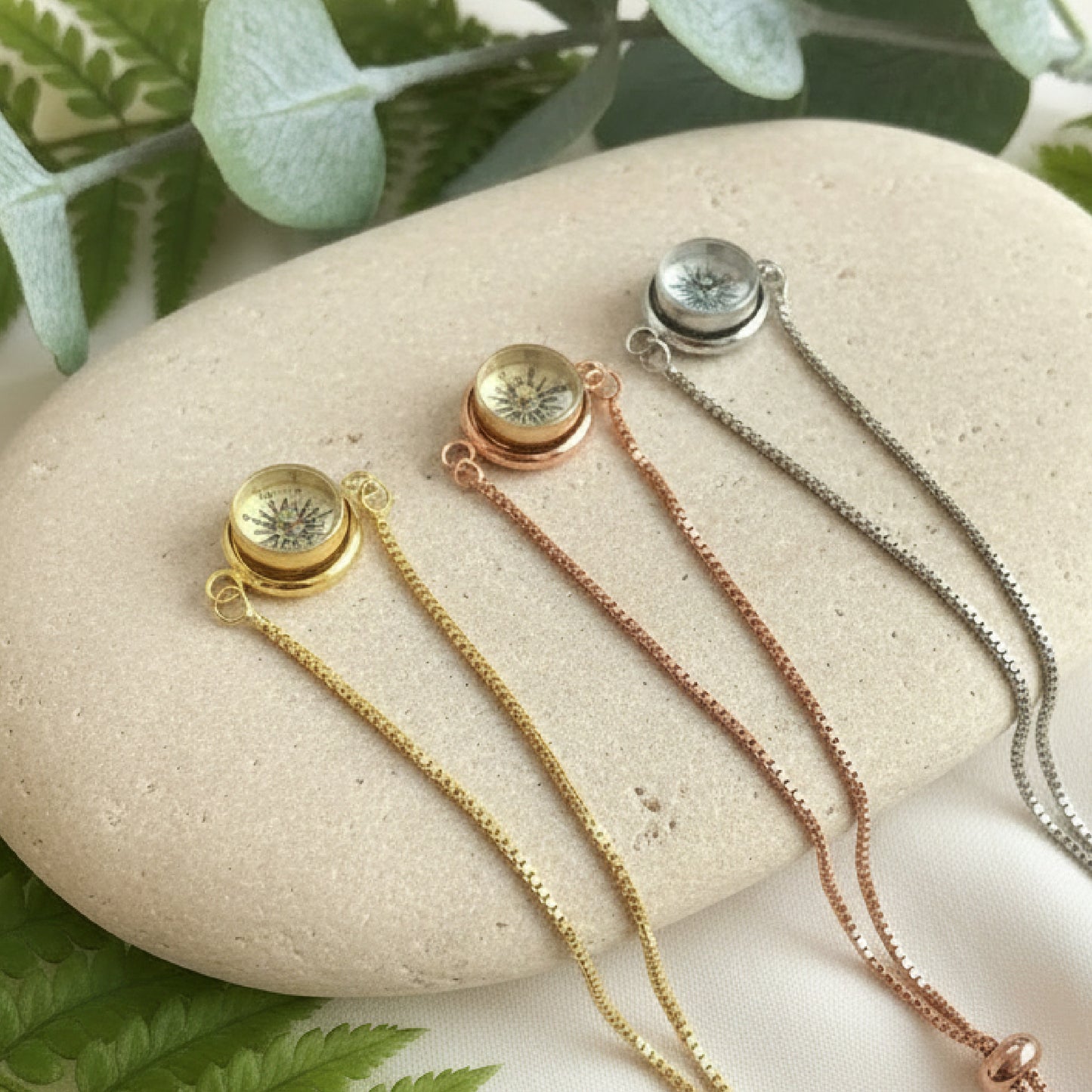 Tiny Working Compass Bracelet, silver-gold-rose gold