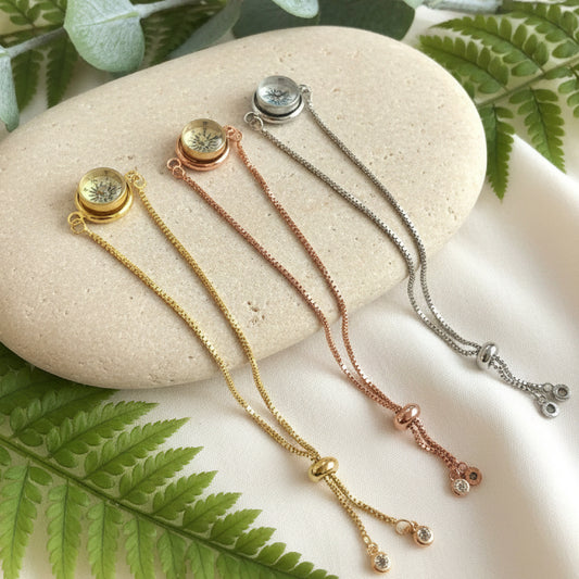 Tiny Working Compass Bracelet, silver-gold-rose gold