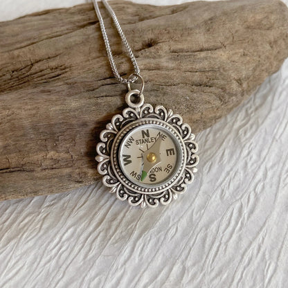 Vintage Style Silver Working Compass Necklace