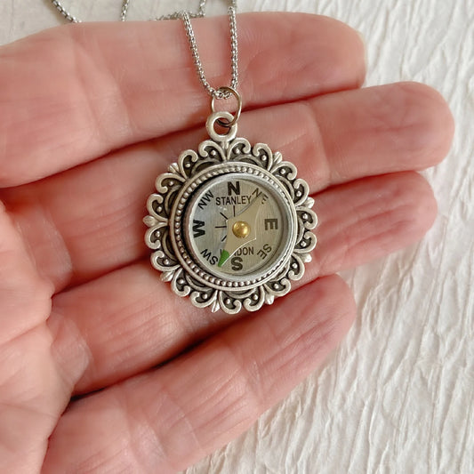 Vintage Style Silver Working Compass Necklace