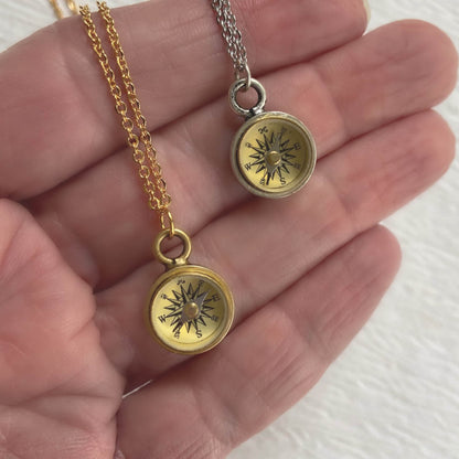 Tiny Working Compass Necklace, silver or gold