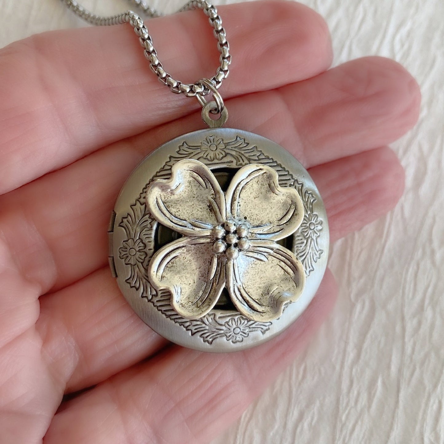 Silver Dogwood Locket Necklace