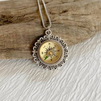 Filigree Silver Working Compass Necklace, antique face