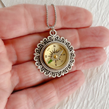 Filigree Silver Working Compass Necklace, antique face