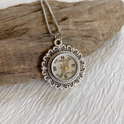 Filigree Silver Working Compass Necklace, silver face