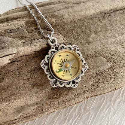 Silver Flower Working Compass Necklace, antique face