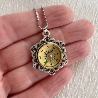 Silver Flower Working Compass Necklace, antique face