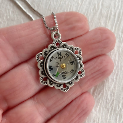 Silver Flower Working Compass Necklace, silver face