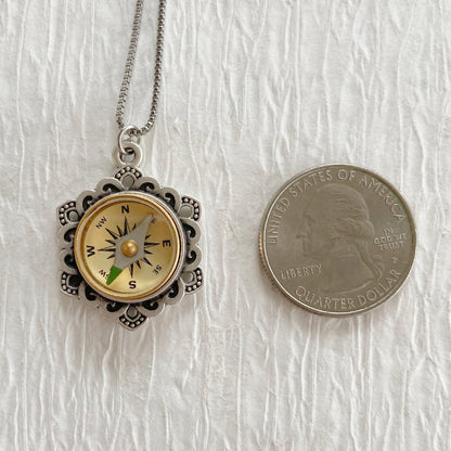 Silver Flower Working Compass Necklace, antique face