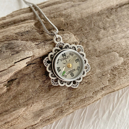 Silver Flower Working Compass Necklace, silver face