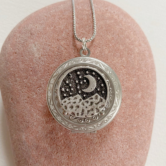 Mountain and Moon Locket Necklace