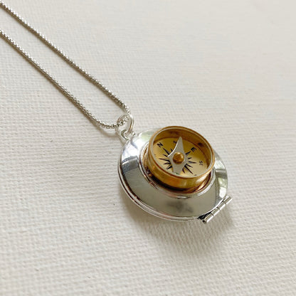 Silver Working Compass Locket Necklace