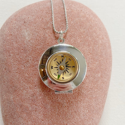 Silver Working Compass Locket Necklace