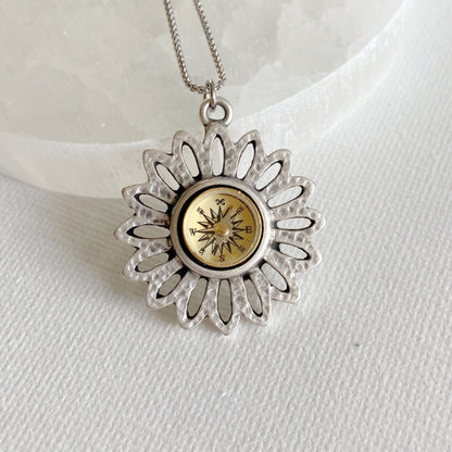 Silver Flower Working Compass Necklace