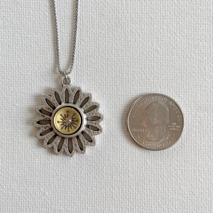 Silver Flower Working Compass Necklace