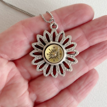 Silver Flower Working Compass Necklace