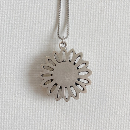 Silver Flower Working Compass Necklace