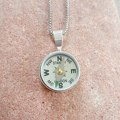 Silver Working Compass Necklace, silver face