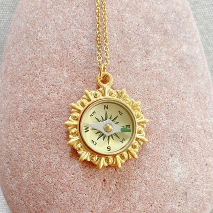 Bright Gold Working Compass Necklace