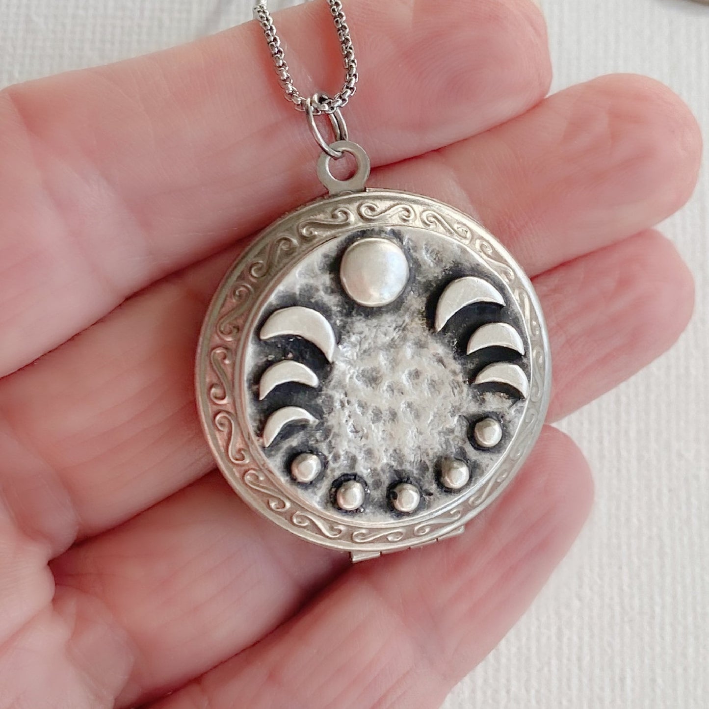 Silver Moon Phase Locket Necklace