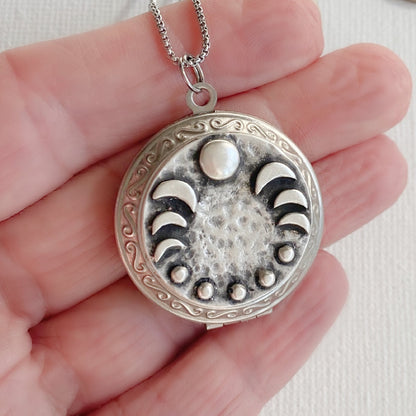 Silver Moon Phase Locket Necklace