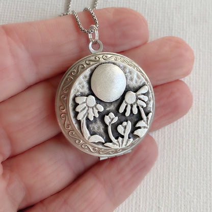 Silver Daisies and Moon Locket Necklace