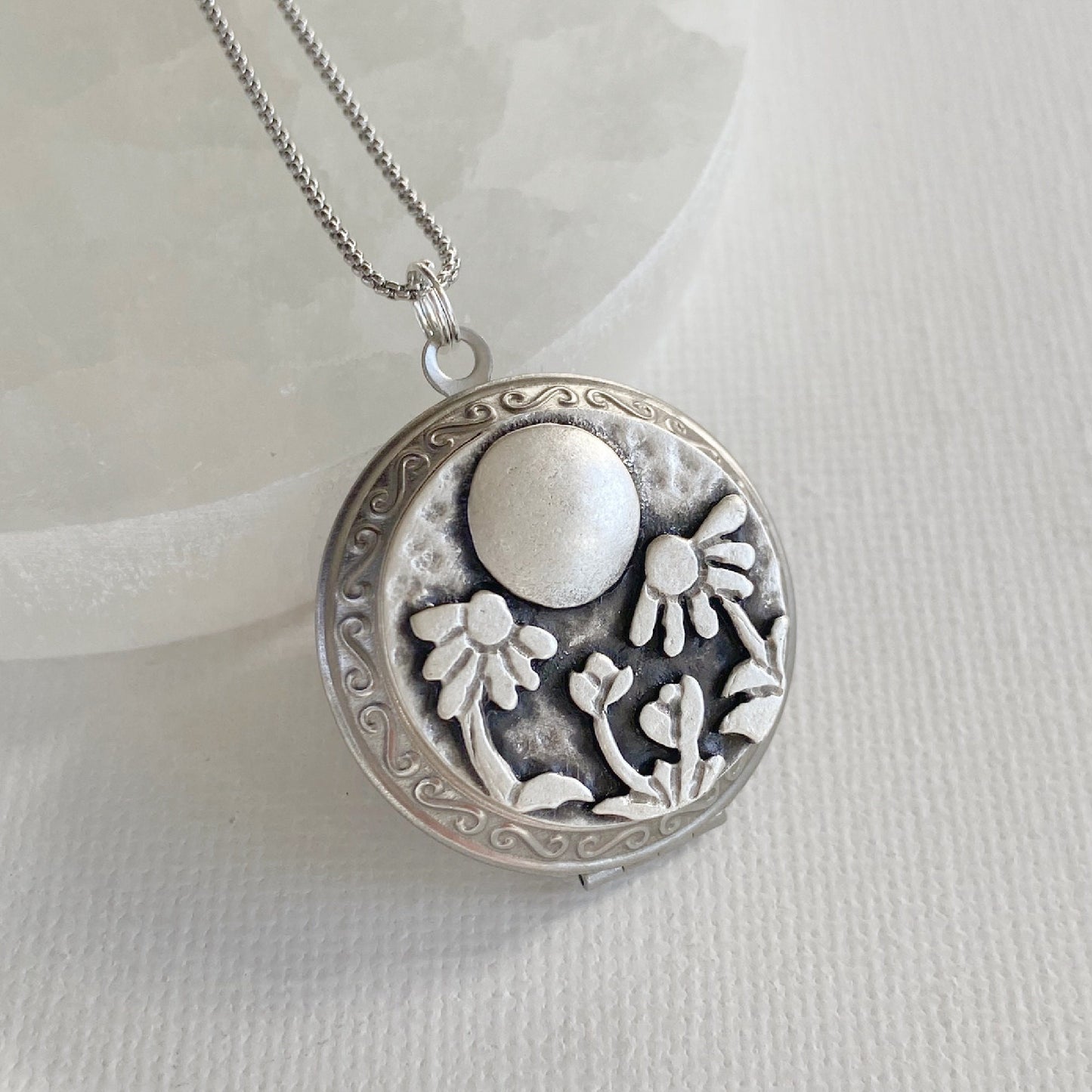 Silver Daisies and Moon Locket Necklace