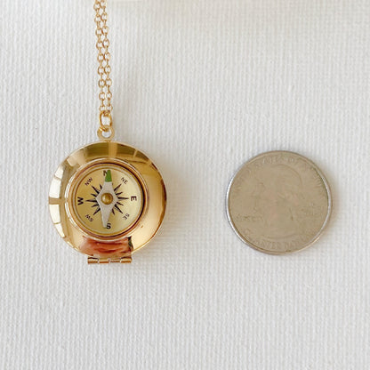 Gold Working Compass Locket Necklace